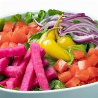 Garden Salad · Romaine lettuce, diced tomatoes, red onions, pickled turnips and yellow chilis, drizzled wit...