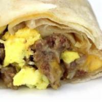 Sausage Breakfast Burrito · The Sausage Breakfast Burrito includes 
Sausage, 
Hash browns, 
3 scrambled eggs, 
Shredded ...