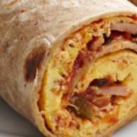 Ham Breakfast Burrito · The Ham Breakfast Burrito includes 
Ham,
Hashbrowns, 
3 scrambled eggs 
Shredded Cheddar and...