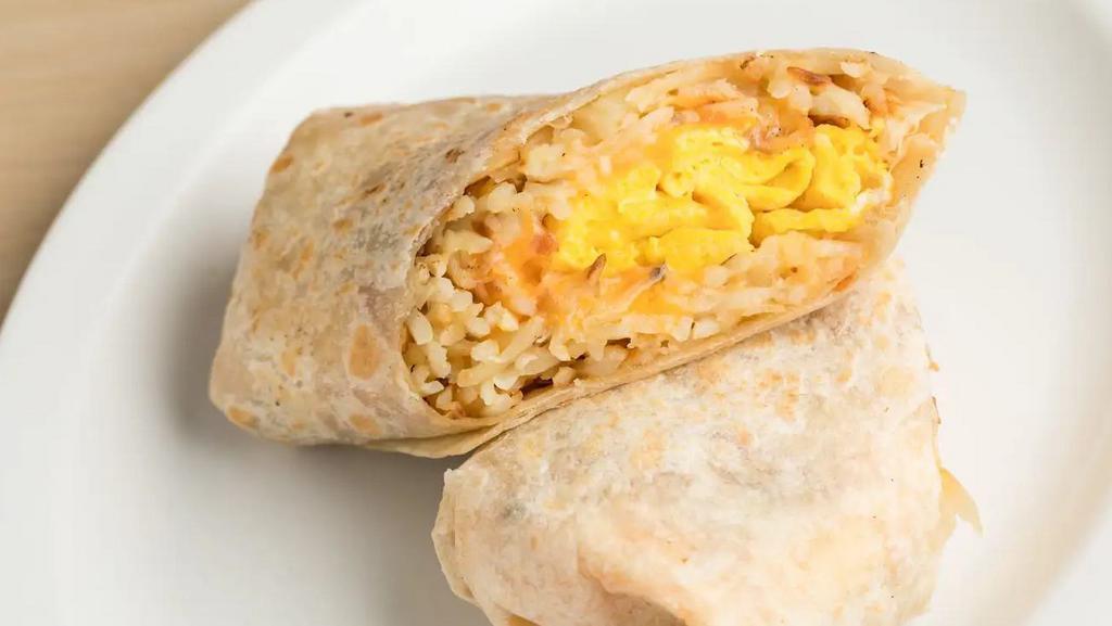 Egg Breakfast Burrito · The Egg Breakfast Burrito includes 
3 scrambled eggs,  
Crispy Hashbrowns,
Shredded Cheddar and Monterey Jack cheese,
Homemade Salsa on the side