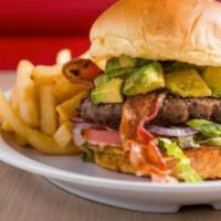 R Burger · Our Signature R Burger includes: 

100% fresh ground beef patty
Avocado,
Crispy Bacon,
red o...