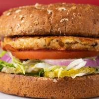 Veggie Burger · Veggie Burger includes: 

Gardenburger Veggie Patty,
red onions, 
lettuce,
tomato, 
pickles,...