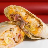 Breakfast Burrito · Our Breakfast burritos include; 
*Your choice of Bacon, Sausage or Ham
Hashbrowns
3 Eggs 
Sh...
