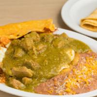 Huevos Rancheros · Huevos Rancheros Plate includes:

Homemade Chile Verde with Grilled Pork.
Rice, 
Beans,
Gril...