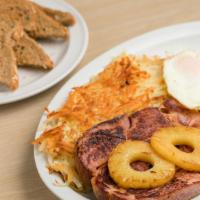 Ham & Eggs · Ham & Eggs Plate includes: 

Grilled Bone in Ham, 
3 CA Fresh Eggs prepared any style,
Crisp...