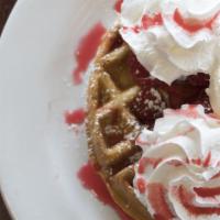 Strawberry Waffle · Topped with sweet & deliciously fresh strawberries and strawberry puree.