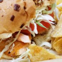 Salmon Burger · Cooked. Sushi grade cooked salmon served with caramelized onions, cabbage, tomatoes and wasa...