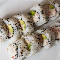 California Roll · Cooked. Inside: imitation crab, avocado. On top: sesame seeds.