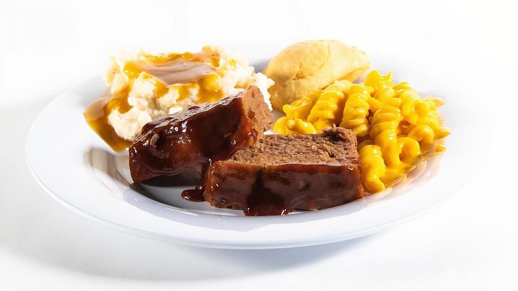 Homestyle Meatloaf · Who says there’s no place like home? Rich, savory meatloaf made with special seasonings, onions, tomato puree and toasted breadcrumbs. Smothered in hickory-smoked BBQ sauce. Served with 2 sides and fresh-baked cornbread.