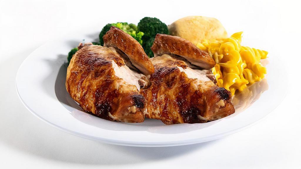 Half All-White Rotisserie Chicken · For the Rotisserie Purist. All-natural, never frozen white meat chicken marinated with the perfect blend of garlic, herbs and spices. Served with 2 homestyle sides and fresh-baked cornbread.