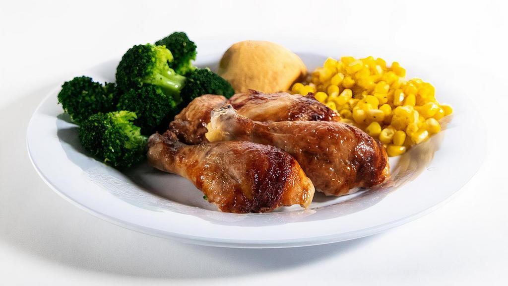 Three Piece Dark Rotisserie Chicken · Better than a three-piece suit, and tastier too.  Served with 2 homestyle sides and fresh-baked cornbread.