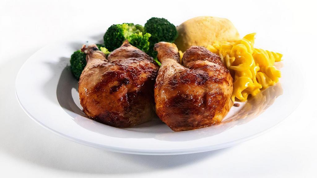 Half All-Dark Rotisserie Chicken · Welcome to the dark side. All-natural, never frozen dark chicken marinated with the perfect blend of garlic, herbs and spices. Served with 2 homestyle sides and fresh-baked cornbread.
