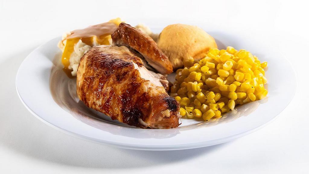 Quarter White Rotisserie Chicken · Small, but mighty tasty. All-natural, never frozen white chicken marinated with the perfect blend of garlic, herbs and spices. Served with 2 homestyle sides and fresh-baked cornbread.