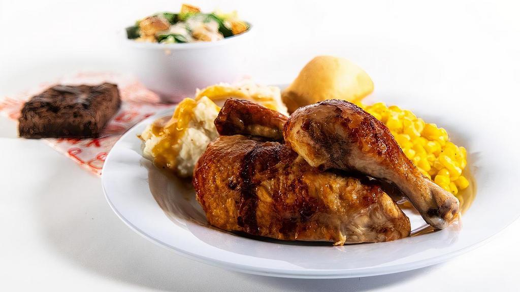 Complete Comfort Combo · Nothing goes better with cozy clothes than your choice of a 1/2 chicken, large meatloaf, or large turkey, paired with two regular sides and cornbread. Add your choice of soup or salad and drink or dessert and cozy up to a great night in.