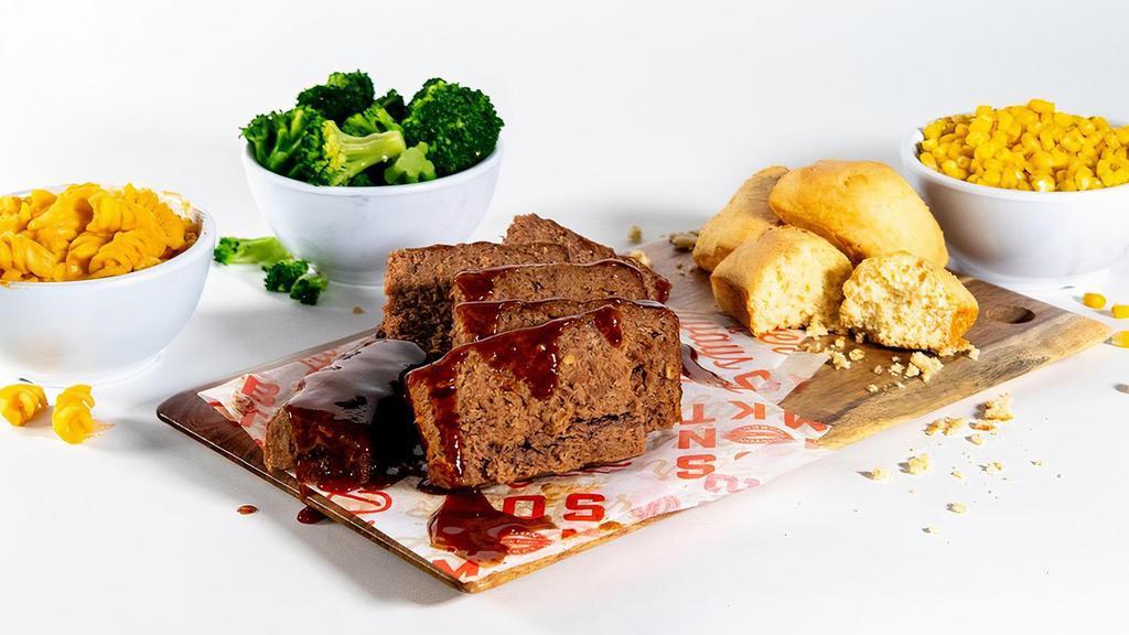 Meatloaf  · The tastiest thing since sliced bread. Rich, savory meatloaf made with special seasonings, onions, tomato puree and toasted breadcrumbs. Smothered in hickory-smoked BBQ sauce. Served with large sides and fresh-baked cornbread.