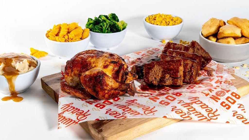 Two Meat Family Meal Combo · Variety is the spice of life, so mix it up and bring home something for everyone with this customizable family meal that includes a choice of any two of signature Boston Market proteins - including rotisserie chicken, turkey or meatloaf - plus 4 large sides and 8 cornbread