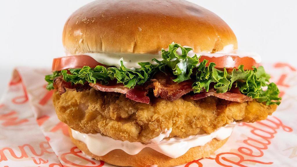 Crispy Chicken Blt Sandwich · Crispy Chicken Breast, bacon, lettuce, tomato, and ranch dressing on a brioche bun.