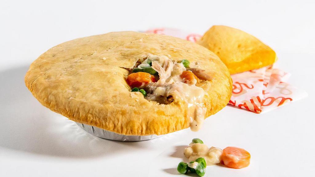 Chicken Pot Pie · It’s no wonder this is a fan favorite – we take our fresh rotisserie chicken, tender veggies, and mix them in a rich, creamy chicken sauce and then cover it all with a flaky crust. Bonus: it comes with fresh-baked cornbread.
