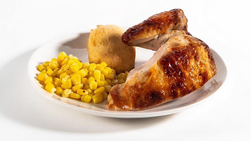 Kid White Meat Rotisserie Chicken · Fractions can be delicious. As a matter of fact, you can enjoy a quarter of all-white rotisserie chicken served with a small side, fresh-baked cornbread, and a kids drink.