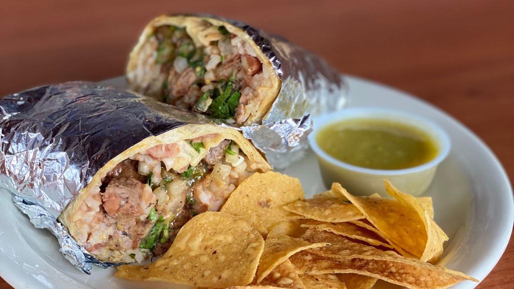 Cabeza Burrito · Beans, rice green salsa, onions and cilantro