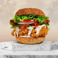 Avocado Bacon Club Crispy Chicken Sandwich · Buttermilk fried chicken, sliced avocado, applewood smoked bacon, lettuce, tomatoes, ranch, ...