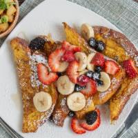 French Toast · 4 slices of french toast, and choice of toppings (strawberries, bananas, blueberries, or pow...