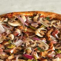 15 Chicken Mushroom Pizza · Pizza sauce, mozzarella cheese, grilled chicken, mushroom, and onion.