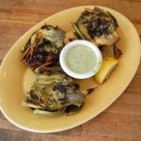 Fire Roasted Artichoke · Served with Grilled Lemon & Basil-Tarragon Dipping Sauce