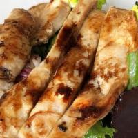 Grilled Chicken & Pear Salad · Mixed Greens, Chopped Endive, Grilled Chicken, Fresh Pear, Gorgonzola Crumbles, Candied Peca...