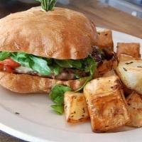 Half Pound Rosti Cheeseburger · ½ lb. Angus Beef Patty Topped with Provolone, Caramelized Onions, Tomato, Arugula & Basil He...
