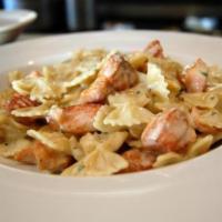 Bowtie Pasta With Grilled Salmon · Cubed Salmon in Cream Sauce or Pomodoro Sauce