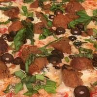 Pizza Alessandra · Turkey Meatballs, Black Olives & Fresh Basil