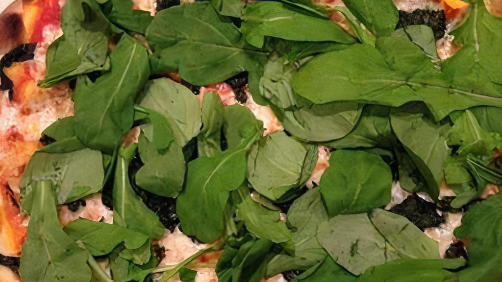 Green Power Pizza · Fresh Garlic, Spinach, Olive Oil & Fresh Arugula
