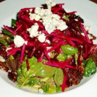 Roasted Beet And Gorgonzola Salad · Field Greens, Apple, Candied Pecans, & Balsamic Vinaigrette