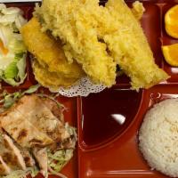 Bento Box · Served with miso soup, salad & rice, choice of any 2 items.