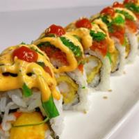 Crazy Roll · Tempura shrimp and crab meat topped with spicy tuna and seaweed salad with special sauce.