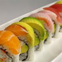 Rainbow Roll · crab meat and avocado topped with assorted fish.