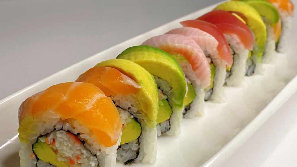 Rainbow Roll · crab meat and avocado topped with assorted fish.
