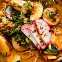 Spicy Seafood Ramen · Green mussels, calamari, shrimp, vegetable in a spicy tonkotsu broth