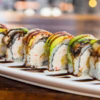 Dragon Roll · In: Shrimp tempura, krab and cucumber Top: Freshwater eel, avocado and eel sauce