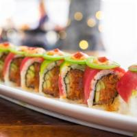 Sunset Roll · In: Spicy tuna and cucumber Top: Tuna, avocado, jalapeno, spicy mayo and sriracha.