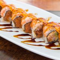 Samurai Roll · In: Shrimp tempura, Spicy tuna and cucumber Top: Seared salmon, eel sauce and spicy mayo
