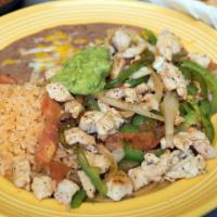 Chicken Fajitas, Rice, Beans, With Tortillas & Guacamole · 