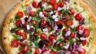 Greek Pizza · Italian tomato sauce, mozzarella, roasted zucchini, fresh red onions, fresh cherry tomatoes,...