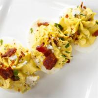 Deviled Eggs · Deviled yolk, bacon bits, mustard, ellie shaft two year bleu cheese