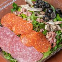 Loaded · Spring mix, fresh mushrooms, black olives, bell peppers, pepperoni, bacon and salami