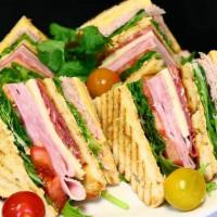 House Club Sandwich.. · Sourdough bread, turkey, Avocado cream, lettuce, tomato, Swiss cheese, American cheese, and ...