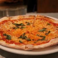 Margherita · Simple pizza of tomato sauce, mozzarella and basil (no sliced tomatoes).