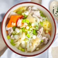 Wonton · Chicken wontons served with diced chicken and mixed vegetables.