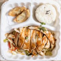 Chicken Teriyaki(D) · Grilled chicken breast, stir-fried vegetables. Served with rice, miso soup, salad and gyoza.